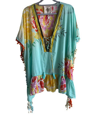 Z&L Europe Boho Floral Pom Pom Kimono Cover Up Top Tassel Lace Up Teal Sz XS